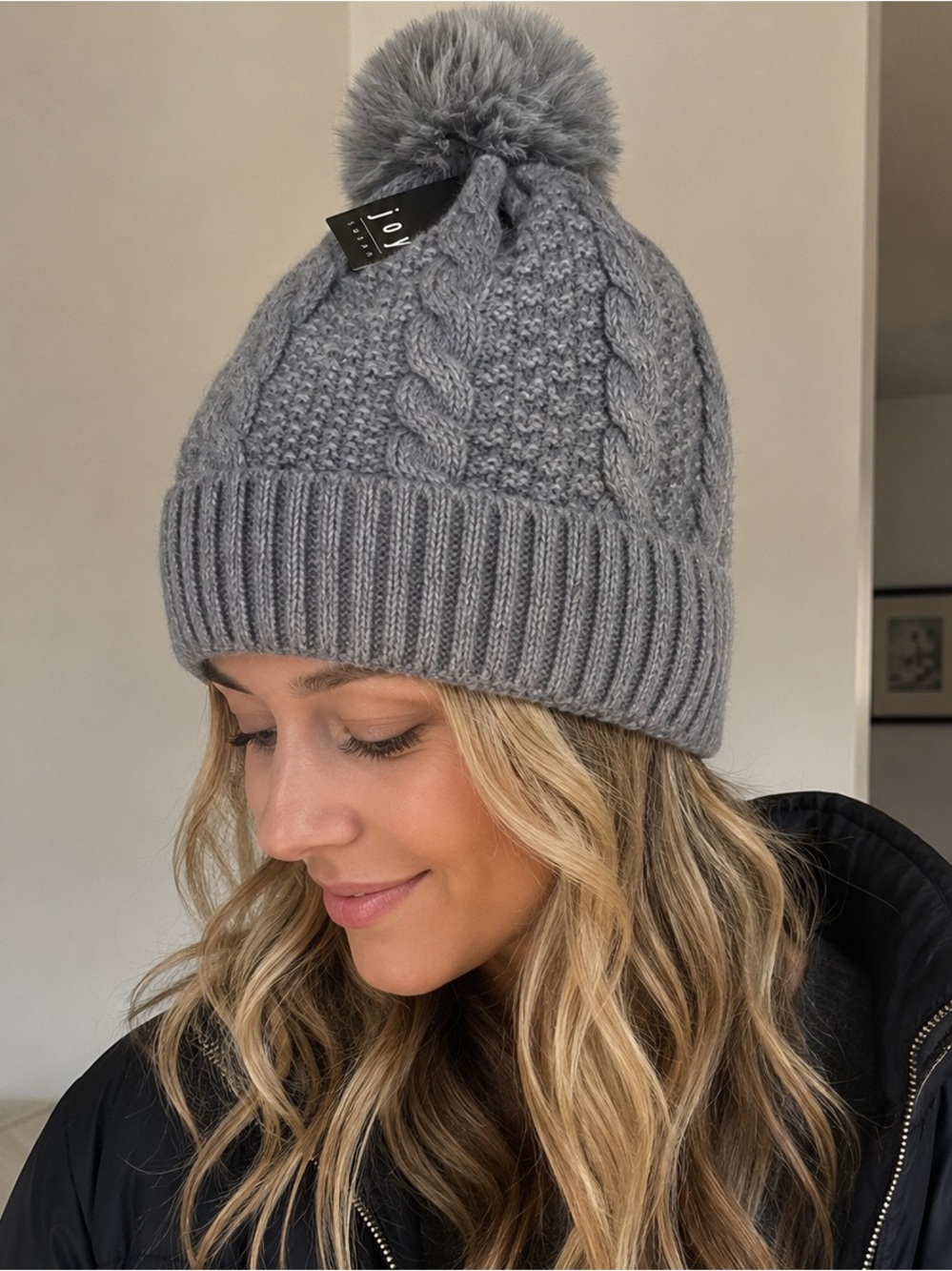 Joy Susan Blue Gray Cable Knit Beanie Hat with Faux Fur Pom and Sherpa Lining